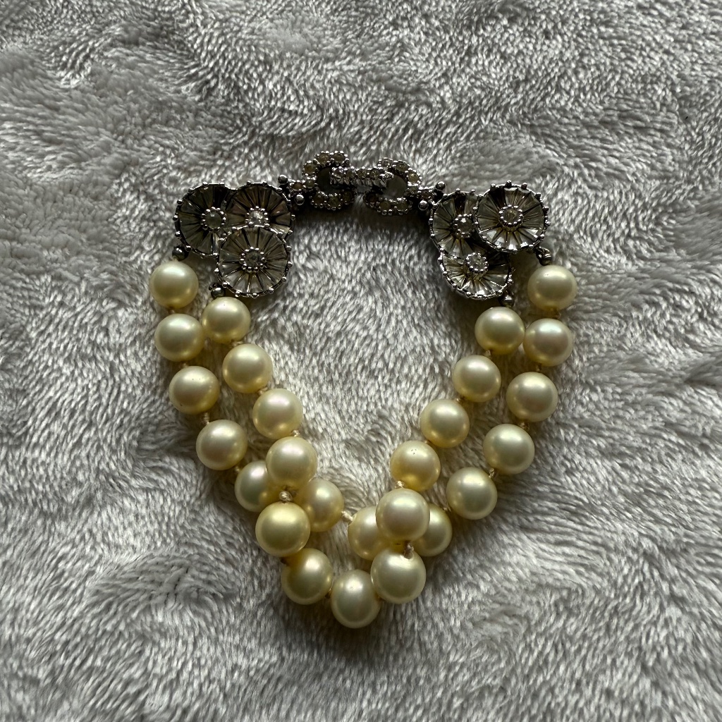 Vintage Pennino Pearl Bead And Rhinestone Flower Bracelet
